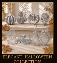Elegant Halloween Collection - 3D printed geometric pumpkins, bat, skull, and owl decor set